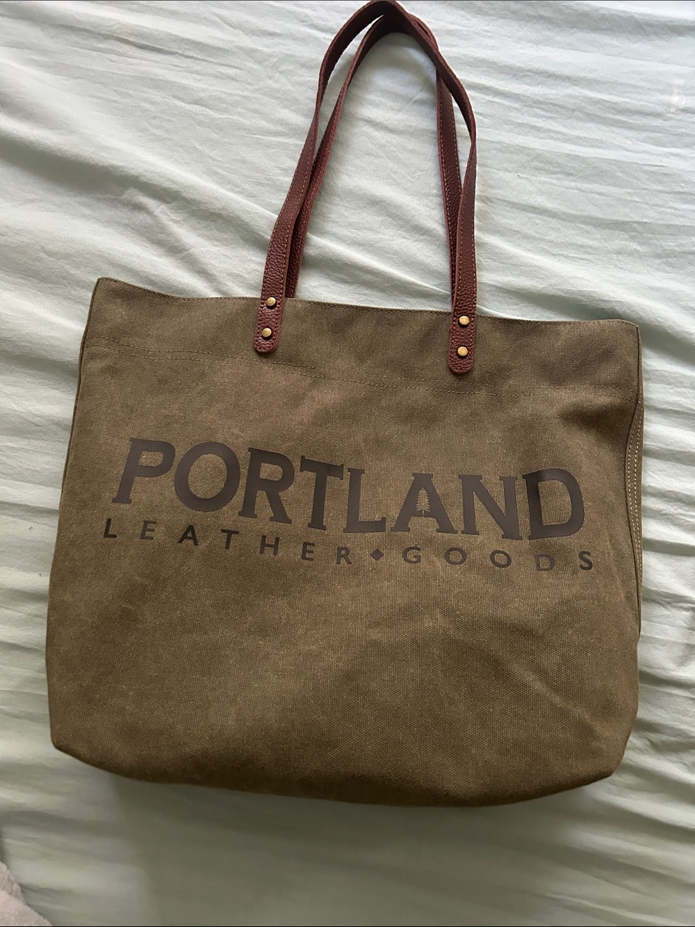 Portland Leather Tan Canvas Tote with Brown Leather Straps